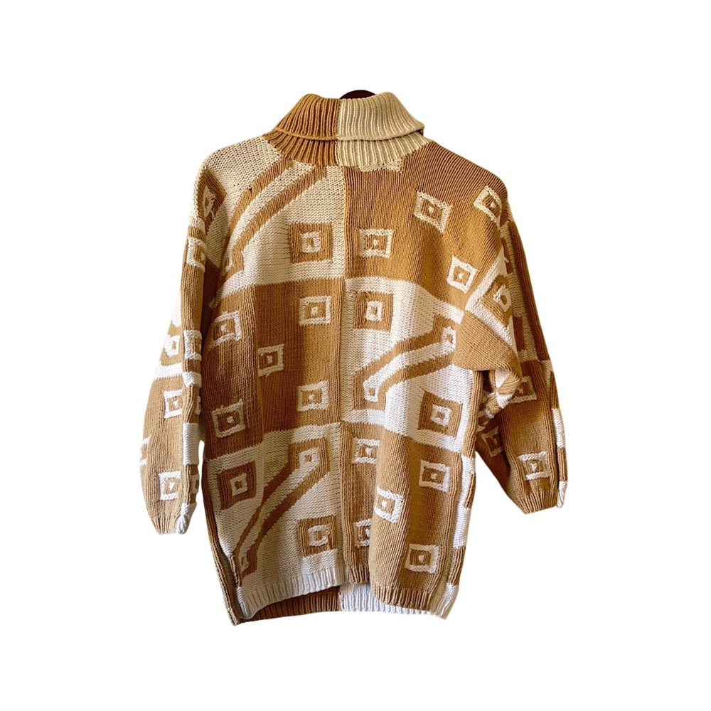 Vintage Womens Geometric Colorblock Cotton Turtleneck Sweater Camel medium‎